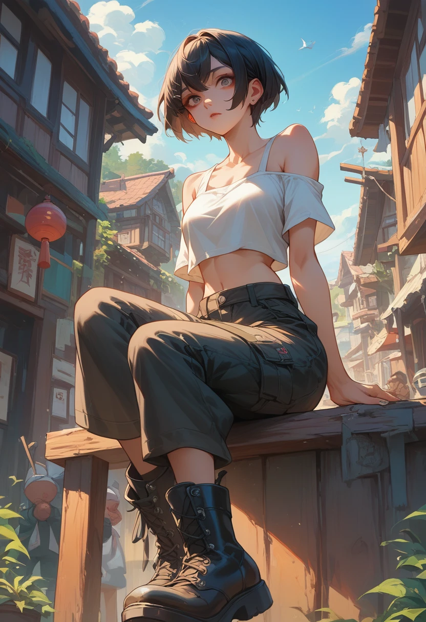 8K、Very detailed、whole body、Black short hair、Wear a white off-the-shoulder crop top、Wear a white tank top、Wear black cargo pants、Wear black boots、Hold a six-foot stick、Stroll through the gothic Chinese town、woman