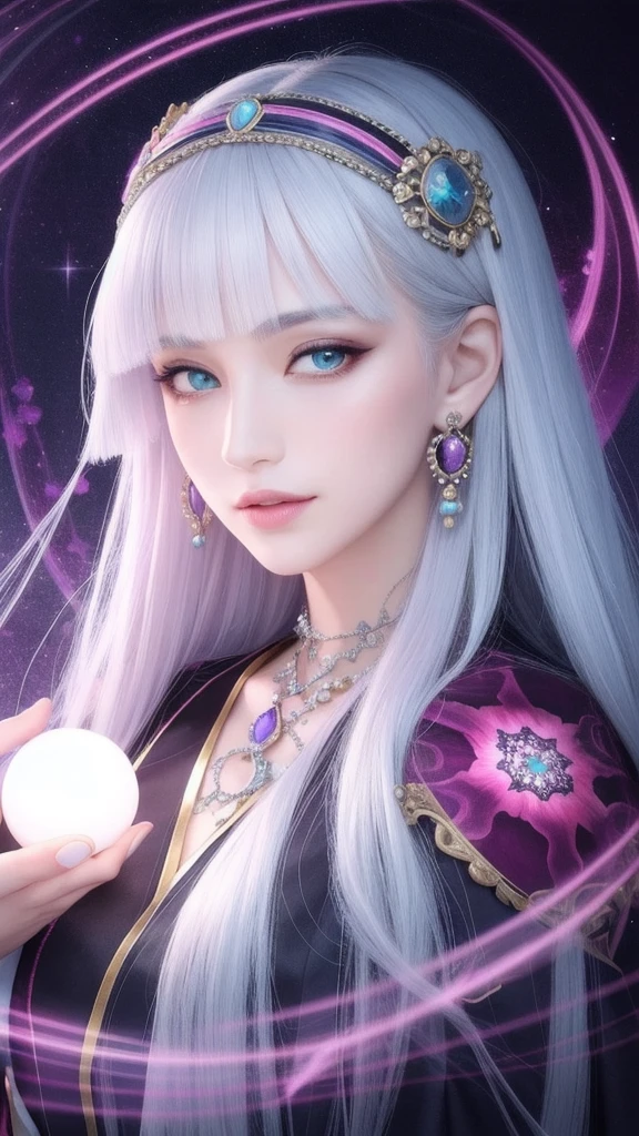 (masterpiece, top quality, 1 female, solo, exquisite details, chromatic aberration), (realistic), (skin), ((breathing)), (silver hair, blunt bangs, cropped straight long hair, short bangs, silver hair), beautiful hair, red headdress, highlights, hair on one eye, beautiful eyes, purple eyes, thick lips, earrings, piercing eyes, ((gold and white kimono)), ((symmetrical eyes)), ((perfectly symmetrical body)), ((perfectly symmetrical hands)), (purerosface_v1:0.3), full moon night, ((self, natural light))), bright lighting, flowers blooming in the background, in front of the viewer, ((central shot, from the front, (face and shoulders))), mysterious atmosphere, colorful flowers blooming around, light colored background, fortune teller in kimono, beautiful fortune teller, fortune teller, Fantasy female fortune teller, female fortune teller, fantasy photography, Japanese style, fortune teller in kimono, elegant cinematic fantasy art, fantasy woman, magician portrait, fortune teller, powerful wizard surrounded by mystical colorful flowers, holding a glowing heart crystal ball, eyes glowing with mystical energy, spells leaking from her mouth, vivid swirls of sorcery pulsating with iridescent hues appear in the air, magic permeates, flowers bloom, sacred creatures gaze in awe, threads of magical energy dance, reveal hidden realms, unravel secrets, capture the essence of this enchanting moment and bring to life the mysterious power of sorcery on a canvas of the highest quality and finest detail. Top Quality, Masterpiece, Ultra High Resolution, (Photorealistic: 1.4), RAW Photo, Sharp Focus, High Resolution, Detailed Skin.