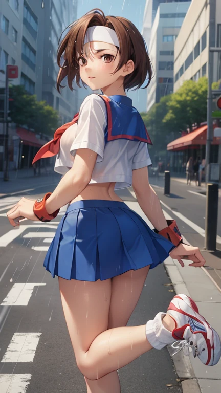 32k, best quality, 1girl, Sakura Kasugano, brown eyes, brown hair, short hair, ankle socks, blue skirt, crop top, headband, midriff, miniskirt, navel, sailor collar, , shoes, short sleeves, skirt, sneakers, socks, stomach, shirt, white shirt, white headband, gloves, Red Gloves,  big breasts, blue miniskirt, Thighs, tits, red panties,   Masterpiece, Best Quality, high resolution, Beautiful detailed eyes, extremely detailed face, good lighting, Detailed CG, messy hair, bright lips, city street, at daytime, Raining, wet clothes, water running through your body,  (wet body 1.9) , ((looking back at the viewer)), Angry , annoyed.