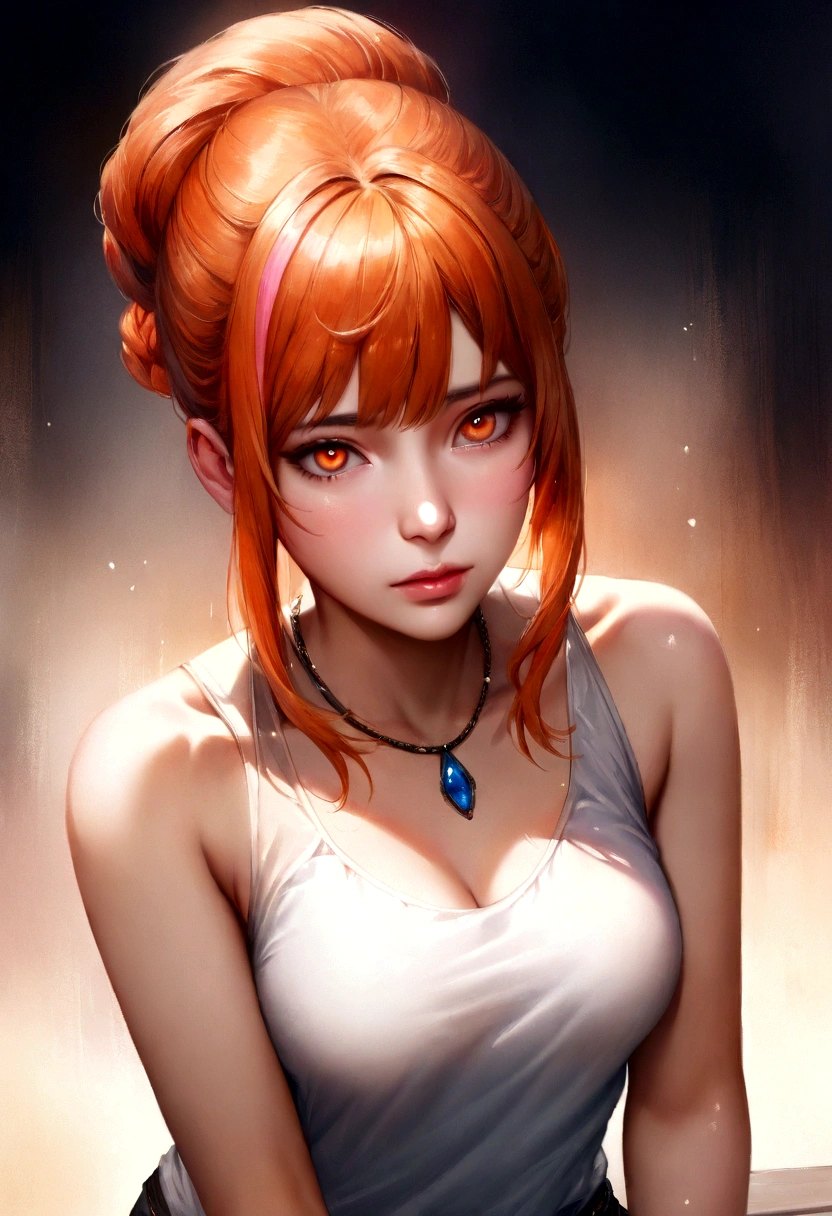 realistic, Beautiful detailed girl, clear and beautiful, Personage as the main perspective, shiny_skin, girl,woman,female, young,20 years old, medium hair, bangs, hair bun, sidelocks, orange hair, beautiful detailed Glass hair, pink streaked hair,beautiful detailed cold face, cold expression, complex details beautiful and delicate eyes, fingernails, medium_breasts, , orange eyes, Authentic skin texture, piercing, necklace, tank_top, short_shorts, knee_boots, bloom, extremely detailed CG unity 8k wallpaper, very fine 8KCG wallpapers, very fine 8K CG wallpaper,watercolor (medium)