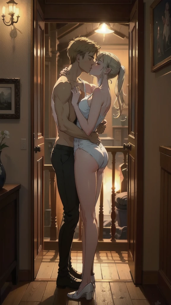 ((best quality)), ((masterpiece)), (detailed), one girl with long blond hair kiss one muscle blond guy, view from side on scene, passionate kiss, cozy atmosphere, cozy lighting, standing poses