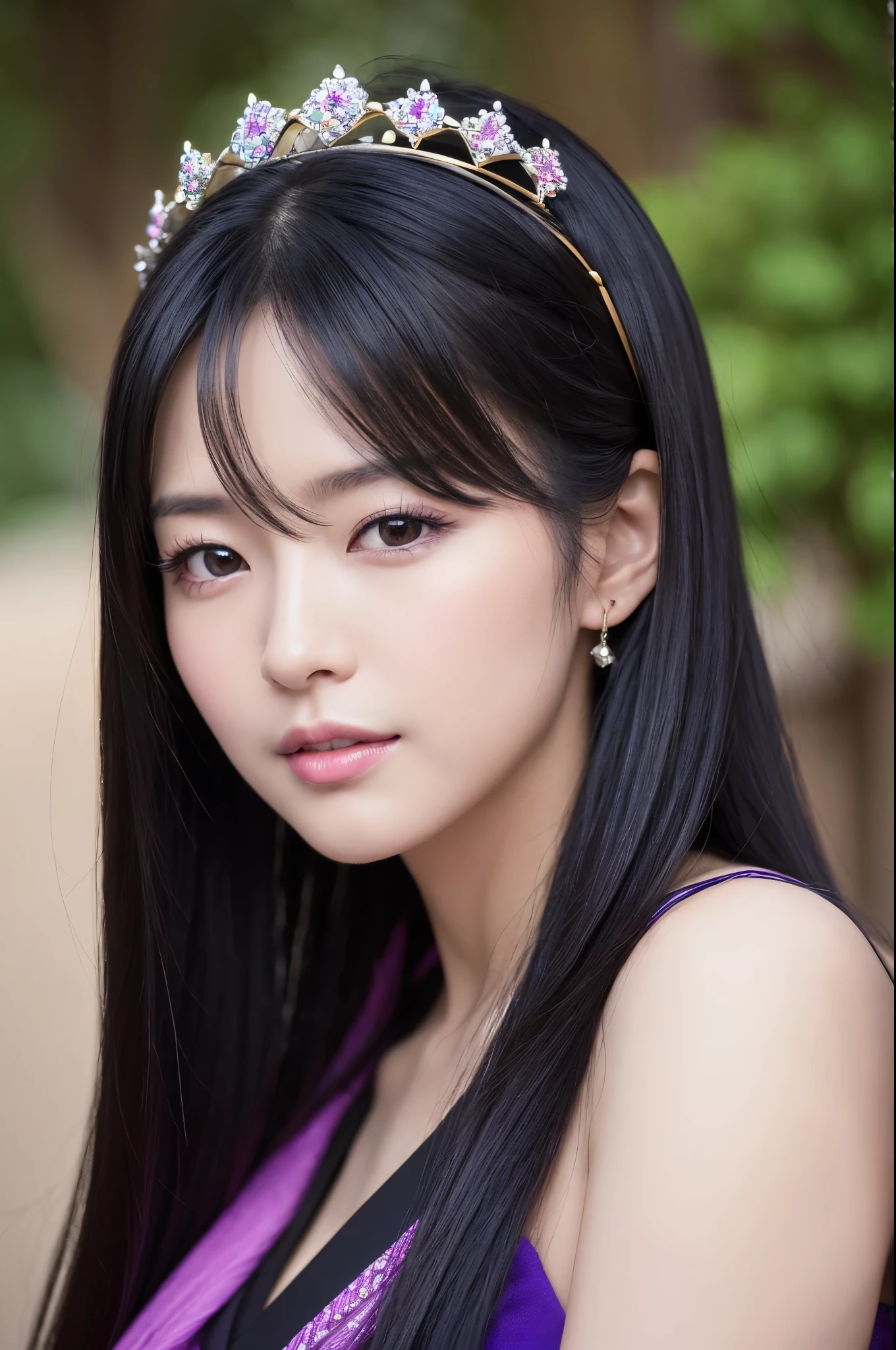 (8K,Photorealistic　to be born写真　Highest quality;1.4) Mature Woman,so beautiful(A vivid face) ,(Long black hair),清楚なQueen,Gorgeous black and purple Japanese woman&#39;Traditional costume,Engage your audience,Beautiful expression,Moist black eyes,Queenのメイクアップ,(Queen),charm,Small breasts,Golden decoration,筋肉質の細い身体のマッチョなQueen,Gorgeous hair ornament,Holding a folding fan,kimono,Black and purple kimono,Small breasts,Red eyeshadow,Ultra-high resolution,Surreal,Attention to detail,Rich colors, Backlight, Cinema Lighting, Film Grain, to be born, 50mm lens, Nikon D850,smile,Ultra-realistic,Highest qualityのフォトリアリスティックなRAW写真。Bright colors,Image of a perfect woman,Fantasy art,Character Art,background,A room in a large mansion,Extremely stiff abs,Muscular Beauty,
