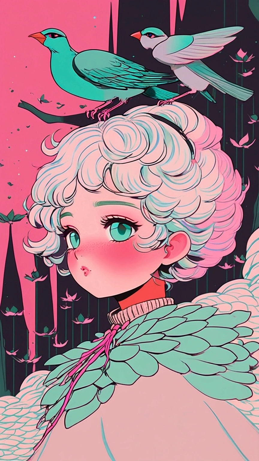 a close up of a person with a bird on their head, a digital painting inspired by loish, Artstation, serial art, detailed digital drawing, lofi art, lofi girl, lofi portrait, lofi artstyle, cute detailed digital art, digital anime illustration, jen bartel, beeple and jeremiah ketner, detailed fanart, procreate illustration