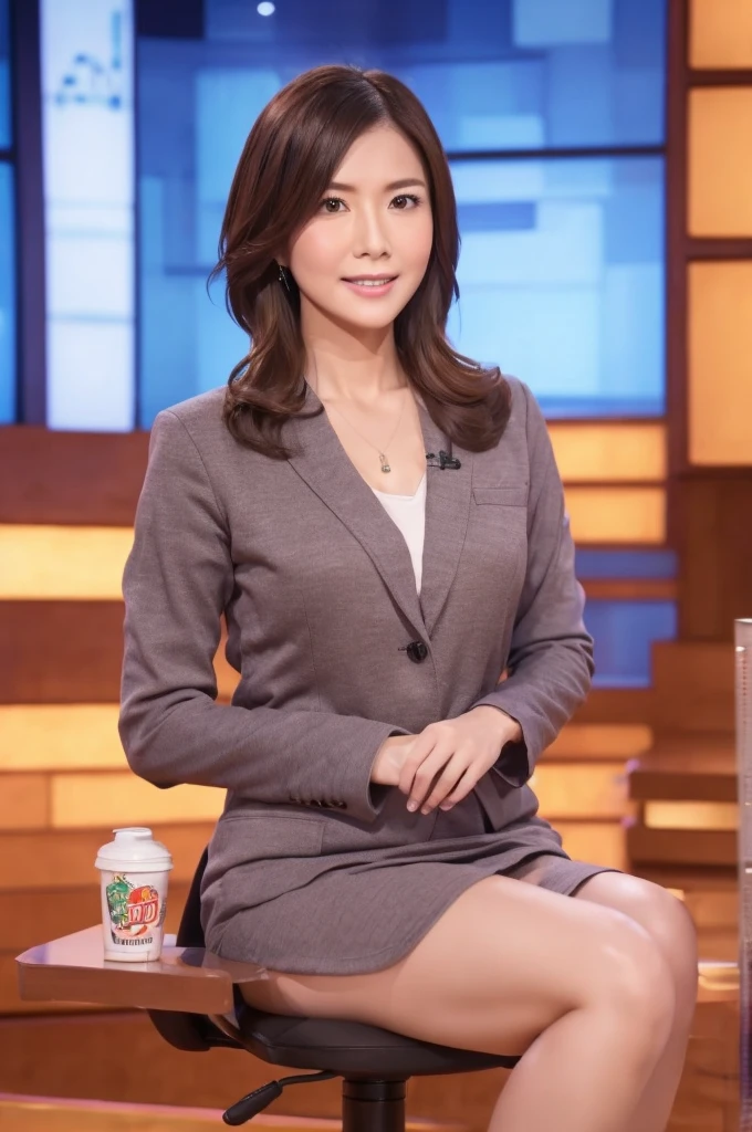 masterpiece, best quality, extremely detailed, hyperrealistic, photorealistic, full body shot, a pretty announcer, a detailed studio:1.2, during the news program, sitting, ultra detailed face