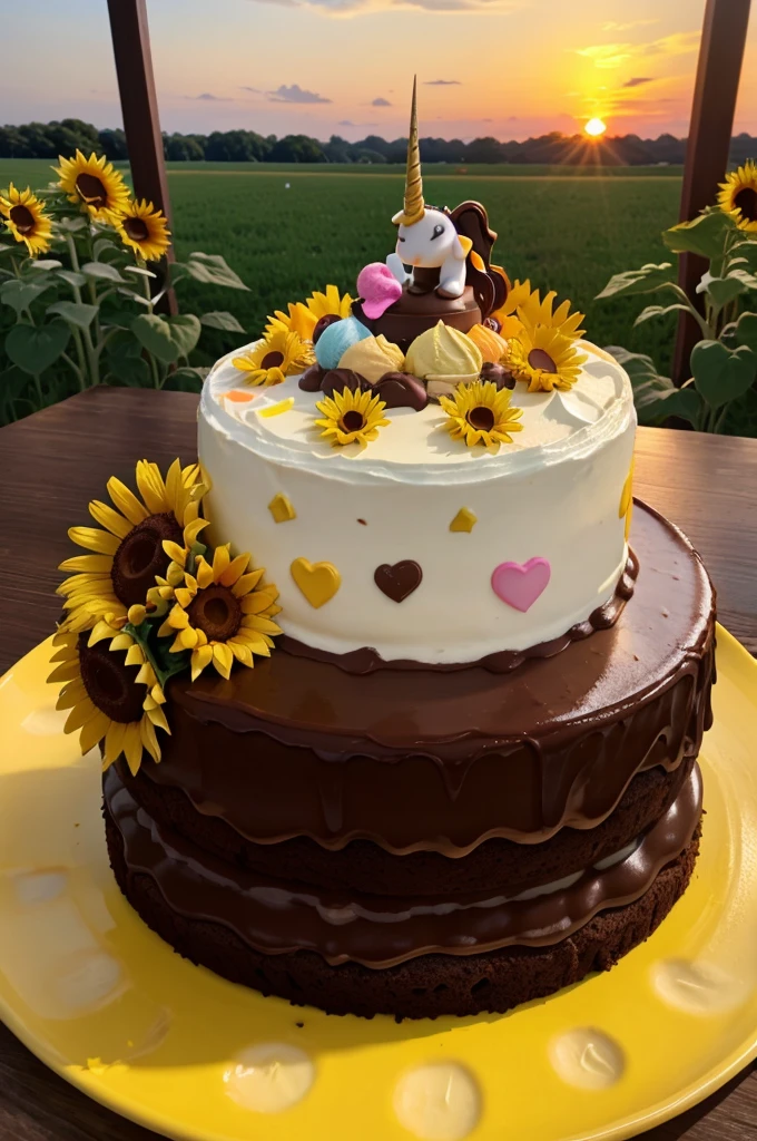 Yellow sunset background with cute unicorn, sunflowers, chocolate ice-cream and fudge cake using Snapchat