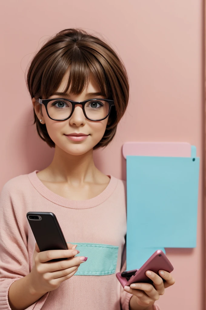 Cartoon doll with short brown hair and pastel pink glasses holding a cell phone and writing 
