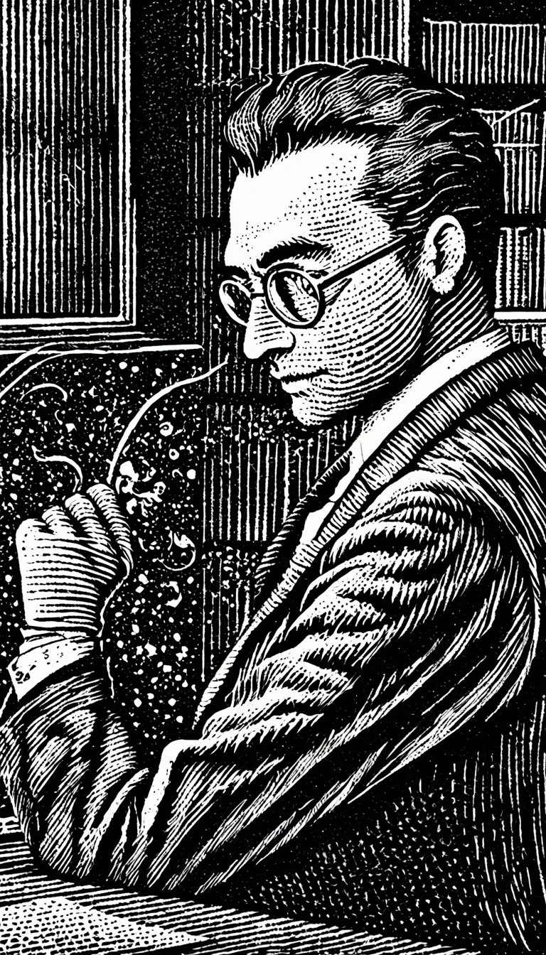 (Black and white woodcut:1.5)、(Second floor in black and white.)、foreground, dark and sinister atmosphere、profile face of a scientist with dark glasses, pompadur pompadour hair, wide lapels covering half the face, wearing gloves and holding your fist close to your face, seriousness, Dark shadows, in a science laboratory,  laboratory with many computers and consoles, Mysterious、