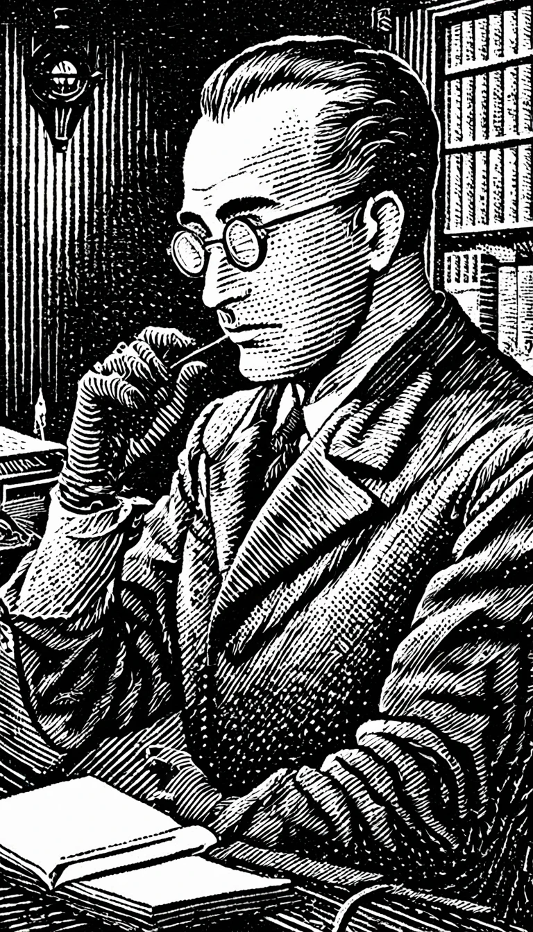 (Black and white woodcut:1.5)、(Second floor in black and white.)、foreground, dark and sinister atmosphere、profile face of a scientist with dark glasses, pompadur pompadour hair, wide lapels covering half the face, wearing gloves and holding your fist close to your face, seriousness, Dark shadows, in a science laboratory, laboratory with many computers and consoles, Mysterious、