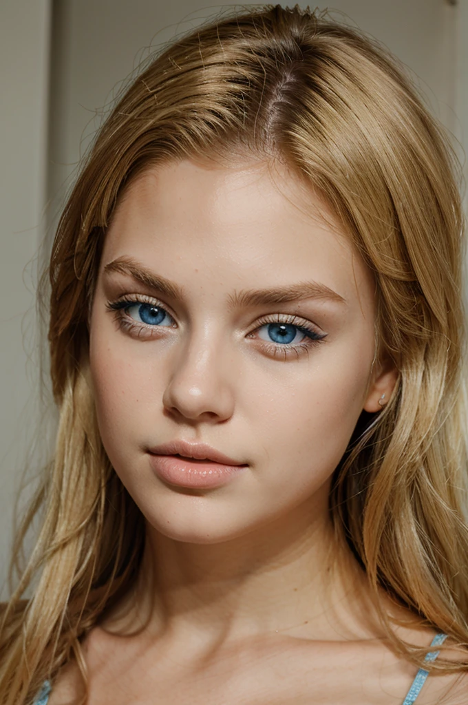Blonde girl, beautiful face, big lips, blue eyes