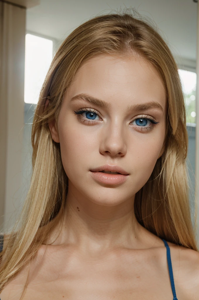 Blonde girl, beautiful face, big lips, blue eyes