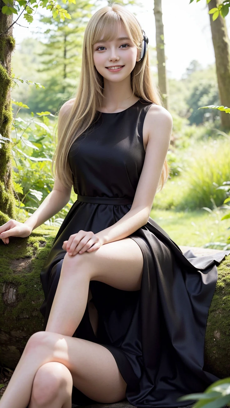 Tall pale blonde girl bangs soft silky hair in her elegant short red and black dress, smiling distracted looking at the camera with a hungry ear listening to music in a forest full of trees