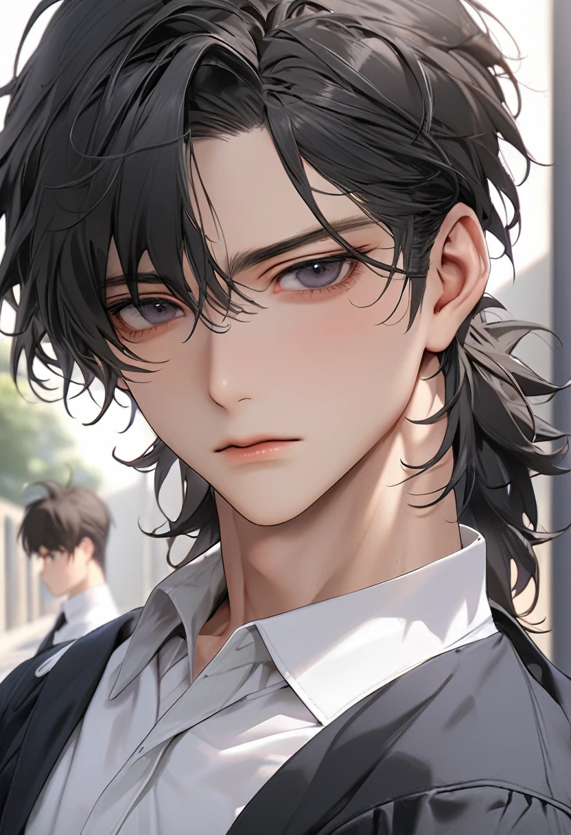 A highschool boy, handsome, perfect body, black hair, short hair, mullet, black eyes, upturned eyes, expressionless, black highschool uniform, anime, first-person view, masterpiece, anatomically correct, high details, highres, best quality, super detail, 1080P