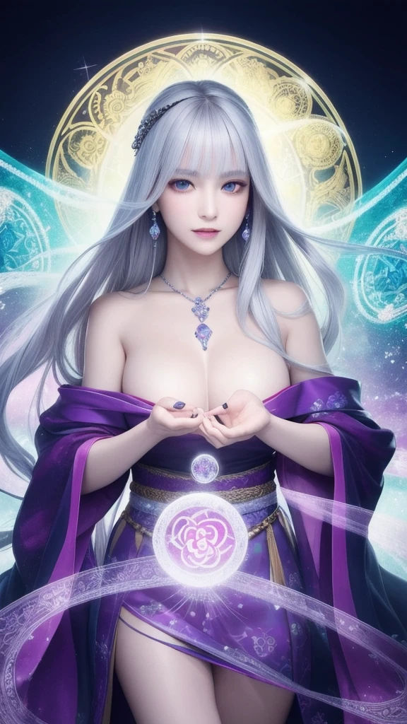 (masterpiece, top quality, 1 female, solo, exquisite details, chromatic aberration), (realistic), (skin), ((breathing)), (silver hair, blunt bangs, cropped straight long hair, short bangs, silver hair), beautiful hair, red headdress, highlights, hair on one eye, beautiful eyes, purple eyes, thick lips, earrings, piercing eyes, ((gold and white kimono)), ((symmetrical eyes)), ((perfectly symmetrical body)), ((perfectly symmetrical hands)), (purerosface_v1:0.3), full moon night, ((self, natural light))), bright lighting, flowers blooming in the background, in front of the viewer, ((central shot, from the front, (face and shoulders))), mysterious atmosphere, colorful flowers blooming around, light colored background, fortune teller in kimono, beautiful fortune teller, fortune teller, Fantasy female fortune teller, female fortune teller, fantasy photography, Japanese style, fortune teller in kimono, elegant cinematic fantasy art, fantasy woman, magician portrait, fortune teller, powerful wizard surrounded by mystical colorful flowers, holding a glowing heart crystal ball, eyes glowing with mystical energy, spells leaking from her mouth, vivid swirls of sorcery pulsating with iridescent hues appear in the air, magic permeates, flowers bloom, sacred creatures gaze in awe, threads of magical energy dance, reveal hidden realms, unravel secrets, capture the essence of this enchanting moment and bring to life the mysterious power of sorcery on a canvas of the highest quality and finest detail. Top Quality, Masterpiece, Ultra High Resolution, (Photorealistic: 1.4), RAW Photo, Sharp Focus, High Resolution, Detailed Skin.