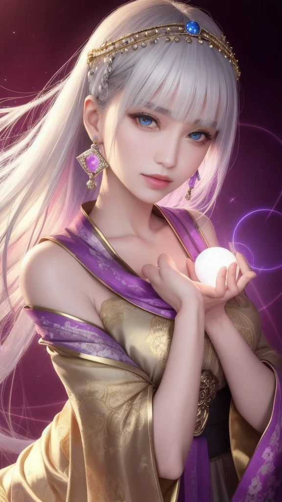 (masterpiece, top quality, 1 female, solo, exquisite details, chromatic aberration), (realistic), (skin), ((breathing)), (silver hair, blunt bangs, cropped straight long hair, short bangs, silver hair), beautiful hair, red headdress, highlights, hair on one eye, beautiful eyes, purple eyes, thick lips, earrings, piercing eyes, ((gold and white kimono)), ((symmetrical eyes)), ((perfectly symmetrical body)), ((perfectly symmetrical hands)), (purerosface_v1:0.3), full moon night, ((self, natural light))), bright lighting, flowers blooming in the background, in front of the viewer, ((central shot, from the front, (face and shoulders))), mysterious atmosphere, colorful flowers blooming around, light colored background, fortune teller in kimono, beautiful fortune teller, fortune teller, Fantasy female fortune teller, female fortune teller, fantasy photography, Japanese style, fortune teller in kimono, elegant cinematic fantasy art, fantasy woman, magician portrait, fortune teller, powerful wizard surrounded by mystical colorful flowers, holding a glowing heart crystal ball, eyes glowing with mystical energy, spells leaking from her mouth, vivid swirls of sorcery pulsating with iridescent hues appear in the air, magic permeates, flowers bloom, sacred creatures gaze in awe, threads of magical energy dance, reveal hidden realms, unravel secrets, capture the essence of this enchanting moment and bring to life the mysterious power of sorcery on a canvas of the highest quality and finest detail. Top Quality, Masterpiece, Ultra High Resolution, (Photorealistic: 1.4), RAW Photo, Sharp Focus, High Resolution, Detailed Skin.