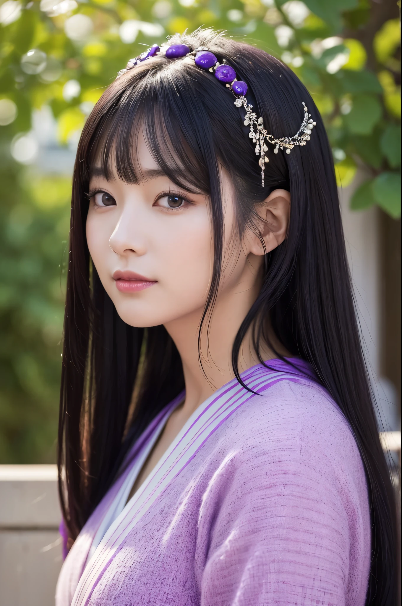 (8K,Photorealistic　to be born写真　Highest quality;1.4) Mature Japanese Goddess,so beautiful(A vivid face) ,(Long black hair),清楚なQueen,Gorgeous black and purple Japanese goddess&#39;Traditional costume,Engage your audience,Beautiful expression,Moist black eyes,Queenのメイクアップ,(Queen),charm,Small breasts,Golden decoration,筋肉質の細い身体のマッチョなQueen,Gorgeous hair ornament,Holding a folding fan,kimono,Black and purple kimono,Small breasts,Red eyeshadow,Ultra-high resolution,Surreal,Attention to detail,Rich colors, Backlight, Cinema Lighting, Film Grain, to be born, 50mm lens, Nikon D850,smile,Ultra-realistic,Highest qualityのフォトリアリスティックなRAW写真。Bright colors,Image of a perfect woman,Fantasy art,Character Art,background,A room in a large mansion,Extremely stiff abs,Muscular Beauty,Flower Hair Ornaments,Hairpin,