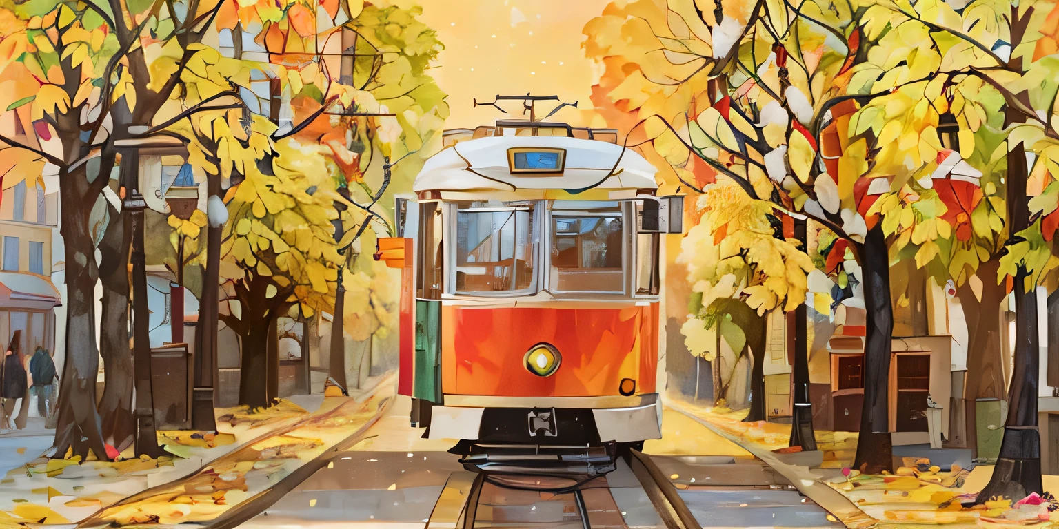 Picture of a trolley car on a street with trees, street tram, tram, trams, trams ) ) ), Written by Lelya Penejić, by Andrzej Wróblewski, by Pál Balkay, by Nedelchev, by Andrzej Pronaško, Andrei Gordeev, Julian Fawaat