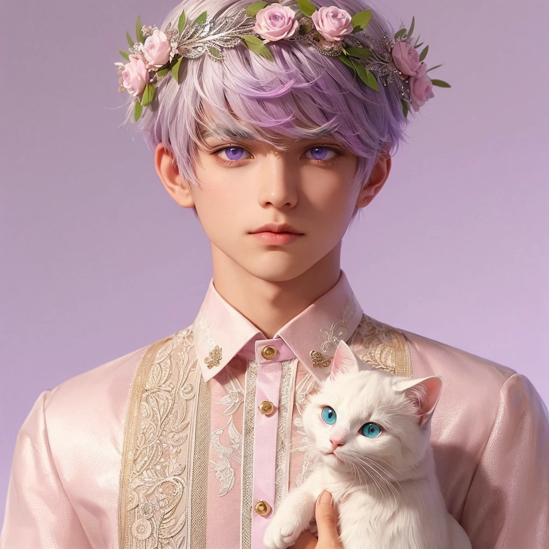 Handsome boy, white hair highlighted with turquoise pink and purple, purple eyes, wearing pink barong tagalog, white cat