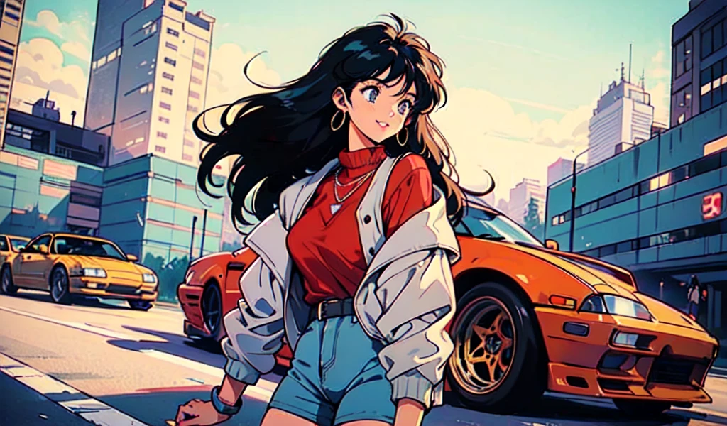 (80's, retro, city pop:1.5), (album cover), (masterpiece, best quality), (anime, illustration), (pastel colors:1.4),
best photo pose, dynamic angle,
He has a cassette tape, is in a retro store, has bluish white hair, and has a cool impression,
girl, solo, smile, perfect detail eyes, delicate face,
City Scenes, night city, tokyo, high fashion, tying hair,Drive in a red sports car,