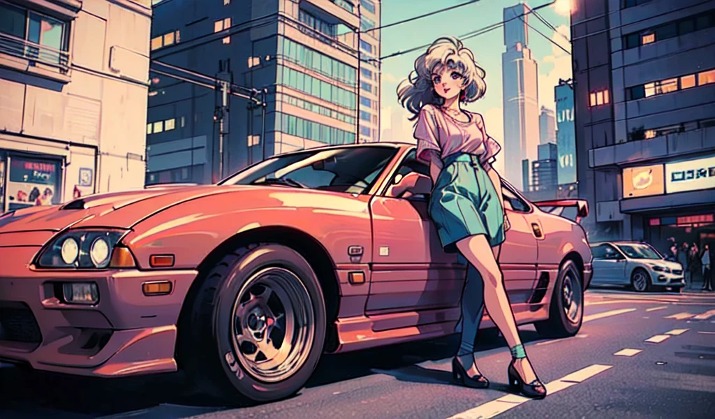 (80's, retro, city pop:1.5), (album cover), (masterpiece, best quality), (anime, illustration), (pastel colors:1.4),
best photo pose, dynamic angle,
He has a cassette tape, is in a retro store, has bluish white hair, and has a cool impression,
girl, solo, smile, perfect detail eyes, delicate face,
City Scenes, night city, tokyo, high fashion, tying hair,Drive in a red sports car,