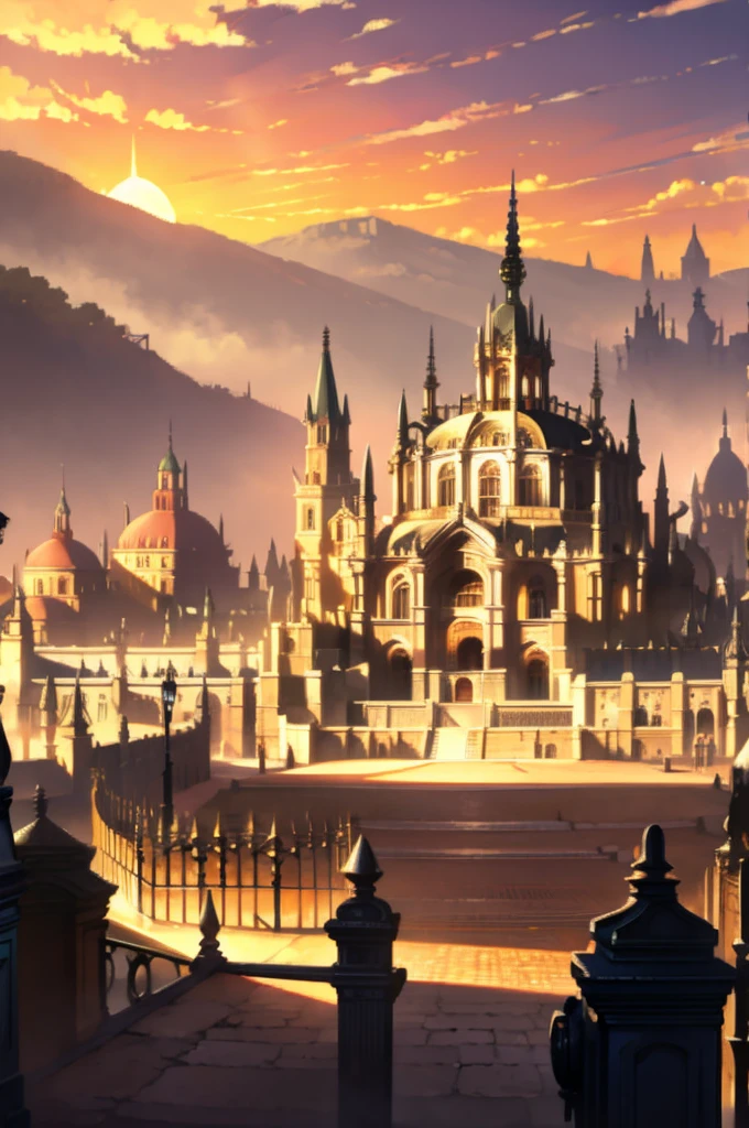 village with big castle, sunset, crowd, fenced in