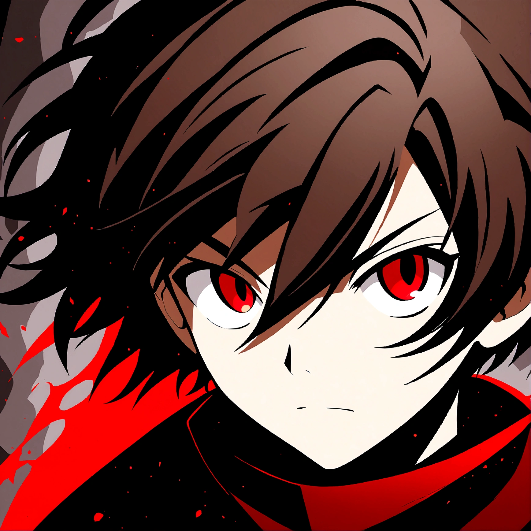 anime style diffusion, upper body, (face to the side 0.3), boy with messy brown hair bright red eyes, (open eyes 0.5), (serious face 0.1), black majestc cloak with red details, upper light, high contrast , 2D style, photoshop, cinematic
