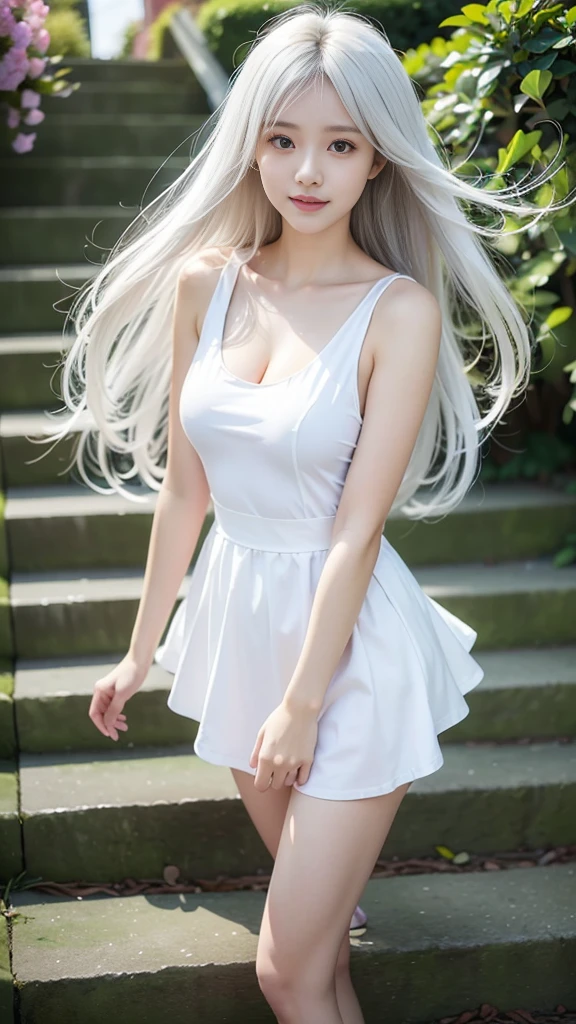 Some women have long white hair, A simple, thin one-piece dress worn by a beautiful girl, With slit, (Her skin is visible through her dress), Real life anime girls, , Baby Face, Sslender figure, Perfect white hair girl, Anime Girl Cosplay, Photorealistic Animation, Realistic anime 3D style, Realistic young anime girl, Ultra realistic anime, (Two Side Up), White Hair Girl, Photorealistic Animation girl render, Beautiful anime school girl, (Blooming Flowers々A fantastic and beautiful staircase background created by), (Detailed eyes and face:1.2, Professional photography techniques), Beautiful breasts, (Cleavage), Slender body line, Small beautiful butt, (Tight high waist), Cute Smile, ((Hair fluttering in the wind:1.3, Skirt rolled up in the wind:1.2))