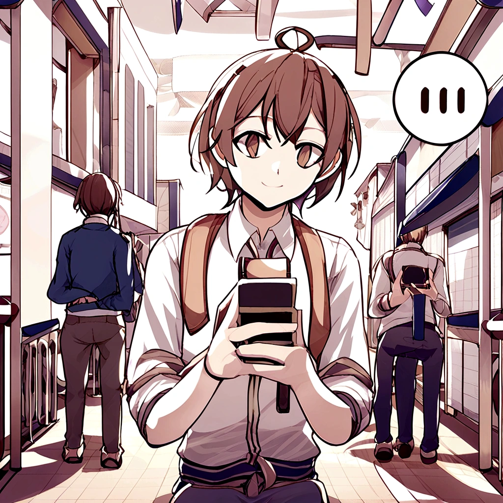Kenji is in a college dorm, unpacking your things. A roommate, Takashi, enter and smile friendly.