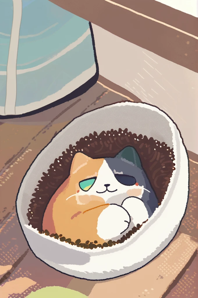 ((Лучшее качество)), ((шедевр)), (подробный), A fat cat of three colors eats