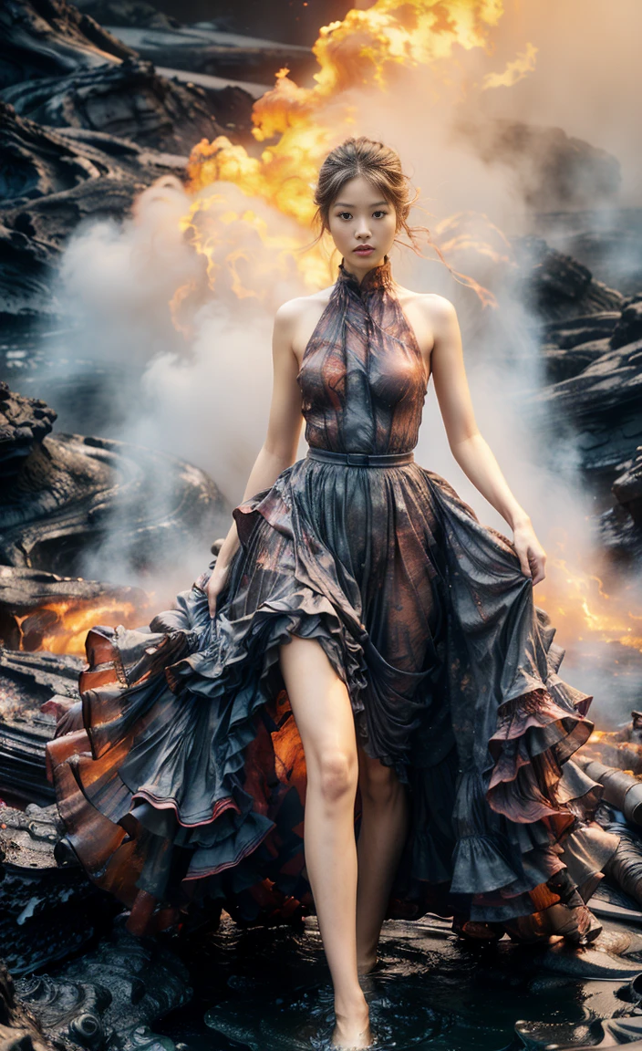 (8K, original photo, best quality,masterpiece:1.2),(actual, Photo-realistic:1.37), 1 girl,long legs, Full body female love,(Lava:1.3),ocean,dress made of roses，volcanic eruption rock flow，infrared photography, 1.4 times more realism，Ultra high quality，Texture skomy correct，Accurate and perfect Korean female face shape，golden ratio)