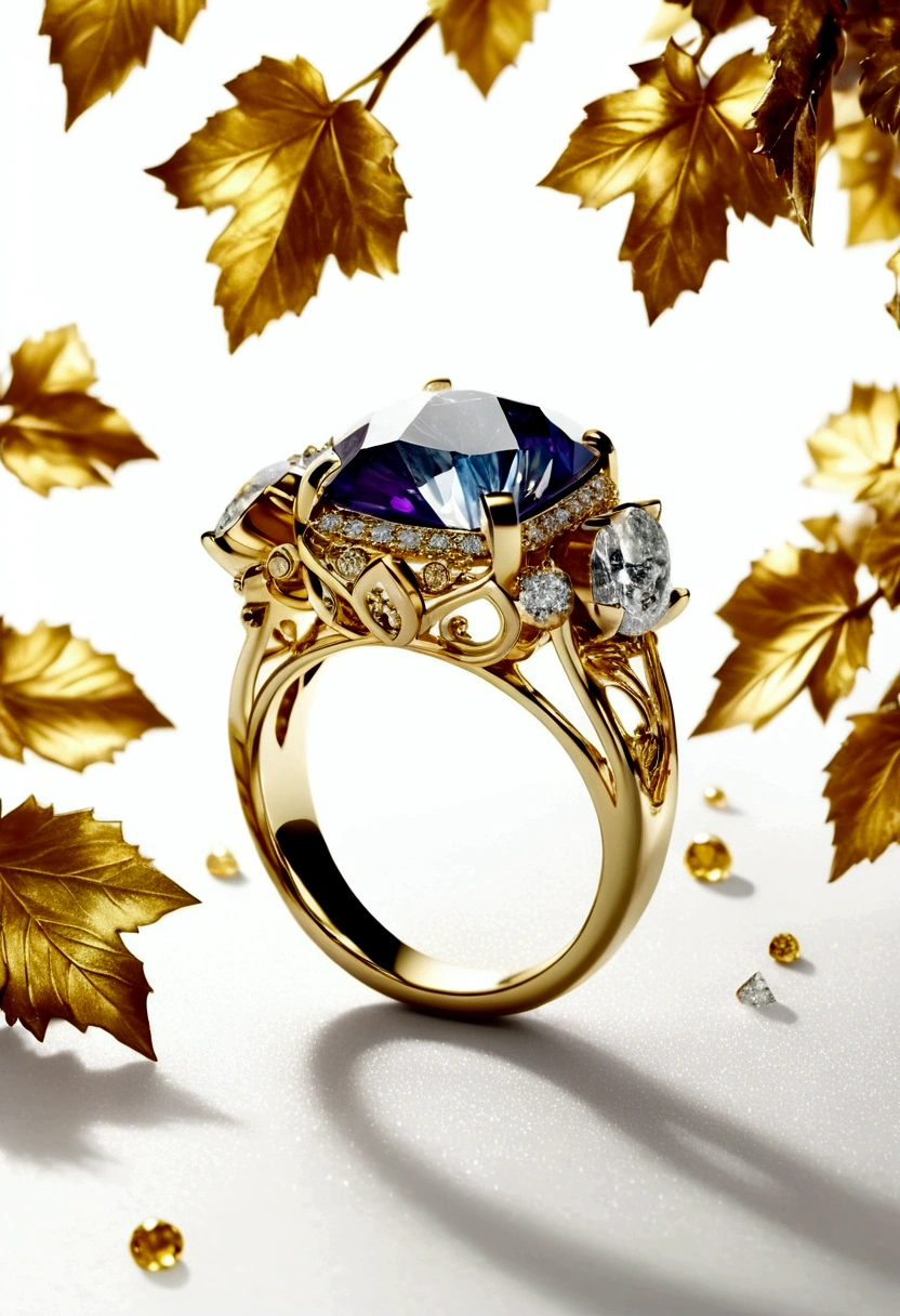 Winter theme, cold, freezing, (ring, Metallic texture, golden ring, diamond, diamond gem, engagement ring, beautifull ring, Details, Focus:1.45),Dark trees, ripples,Fill with irregular geometric fluid oil,Splashing nebulae,Flowers,grape trees, grid,Bubble,Space flickering outside the door, (White background: 1.45),