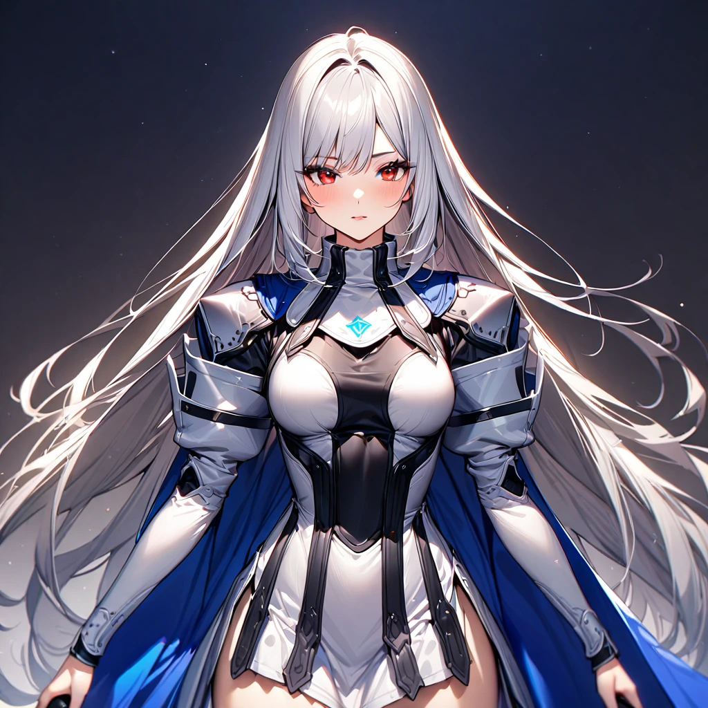 (masterpiece),(Highest quality),(Super detailed),(Best illustrations),(so beautiful), so beautiful長い脚,Silver Hair, Red eyes, Very long hair, positive(Female Wizard、White dress、Blue Cape、Roll-up skirt、The upper body is armored, holding weapon, huge sword,