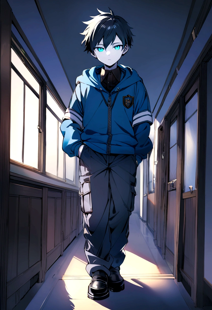 thirteen year old boy, black fur, cyan eyes, pale skin, blue jacket, lead pants, in a college, whole body