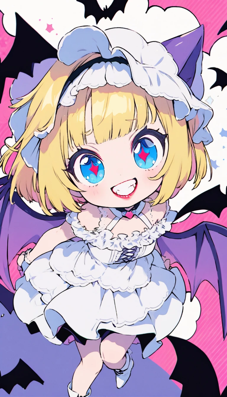 Highest quality, Super quality, 16K, Incredibly absurd, Very detailed, delicate and dynamic, Cute and beautiful cute vampire, Big Blue Eyes, Grin, Short blonde bob cut with bangs, Captivating look, Excited expression, She is wearing a white dress with white lace and frills, White short boots, Best body shape, Big purple wings like a devil or a bat, Red glossy lips, Background of white clouds and pastel colored dots, Pop Art