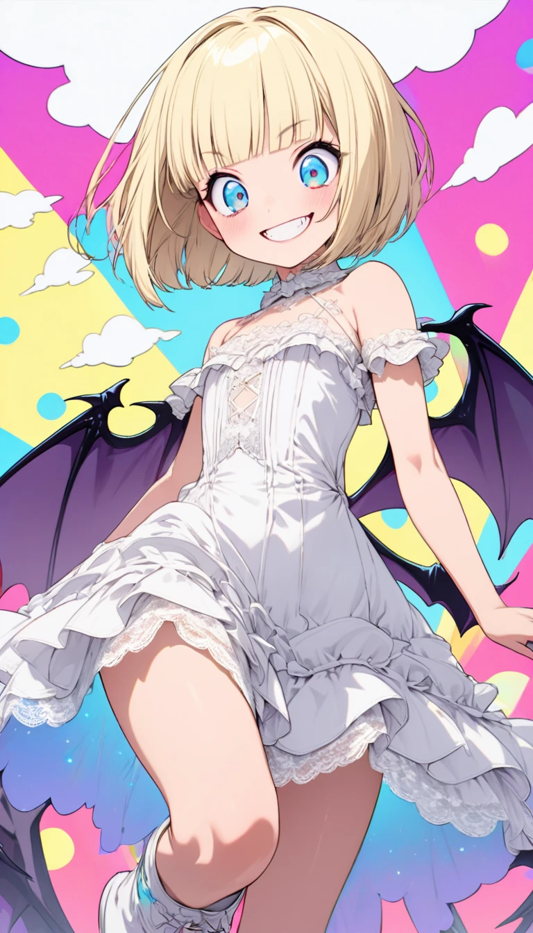 Highest quality, Super quality, 16K, Incredibly absurd, Very detailed, delicate and dynamic, Cute and beautiful cute vampire, Big Blue Eyes, Grin, Short blonde bob cut with bangs, Captivating look, Excited expression, She is wearing a white dress with white lace and frills, White short boots, Best body shape, Big purple wings like a devil or a bat, Red glossy lips, Background of white clouds and pastel colored dots, Pop Art