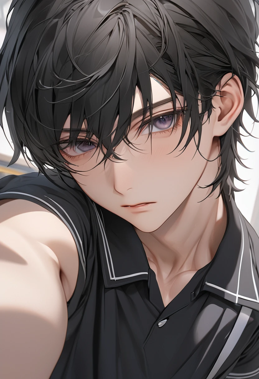 A highschool boy, handsome, perfect body, black hair, short hair, mullet, black eyes, upturned eyes, expressionless, black highschool uniform, anime, first-person view, masterpiece, anatomically correct, high details, highres, best quality, super detail, 1080P