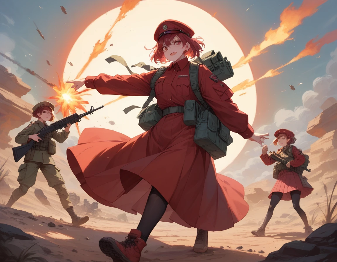 A platoon of girls in bright red military uniforms and long red skirts、A pair of a girl platoon leader and a soldier wearing a red military uniform and a red long skirt and equipped with two assault rifles、desert、A large explosion containing black smoke on the ground behind