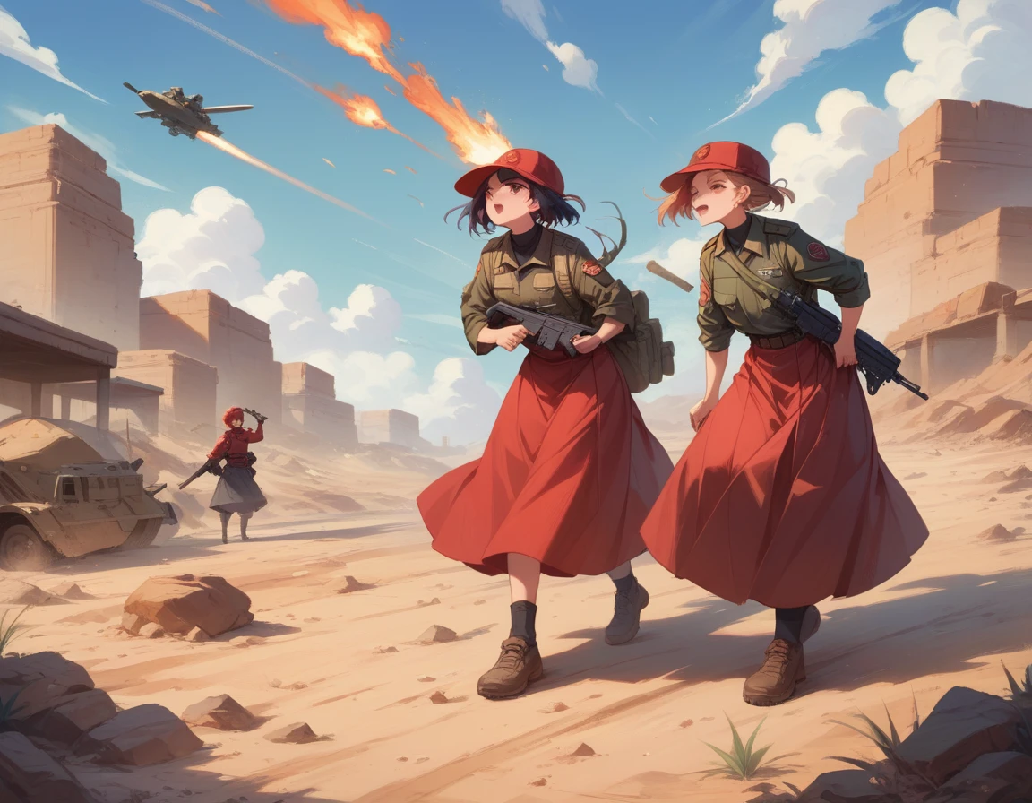 A platoon of girls in bright red military uniforms and long red skirts、A pair of a girl platoon leader and a soldier wearing a red military uniform and a red long skirt and equipped with two assault rifles、desert、A large explosion containing black smoke on the ground behind
