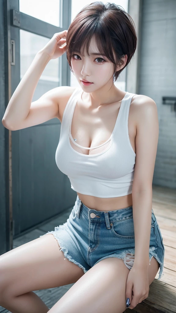 a beautiful korean k-pop star, Heavy Korean makeup, wet and sweaty, wearing a tight white Tanktopdenim shorts, white sneakers, extremely detailed, high resolution, photorealistic, detailed eyes, detailed lips, provocative gaze, full body shot　pinkshort hair, (leaning forward) Cowgirl position with breasts pressed together, 