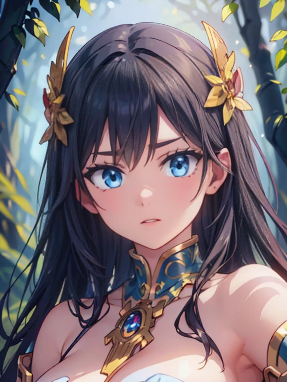(masterpiece), best quality, expressive eyes, perfect face, Girl,long dark iridescent hair, iridescent eyes, small waist, small breast , large thighs,large ass, fantasy warrior outfit, no skin exposure