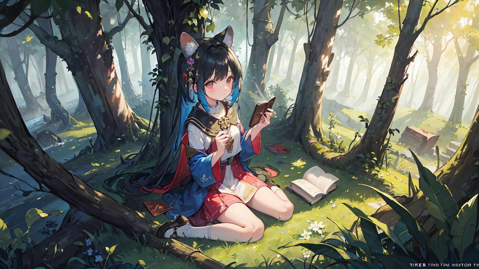 (masterpiece, best quality), (rich and colorful:1.4), from above, Solitary, 1Girl sitting in an ancient forest,Where the trees whisper secrets,Animals speak human language, With a bag of magical forest fruits and a forgotten book of spells, Depth of Field, Fisheye lens