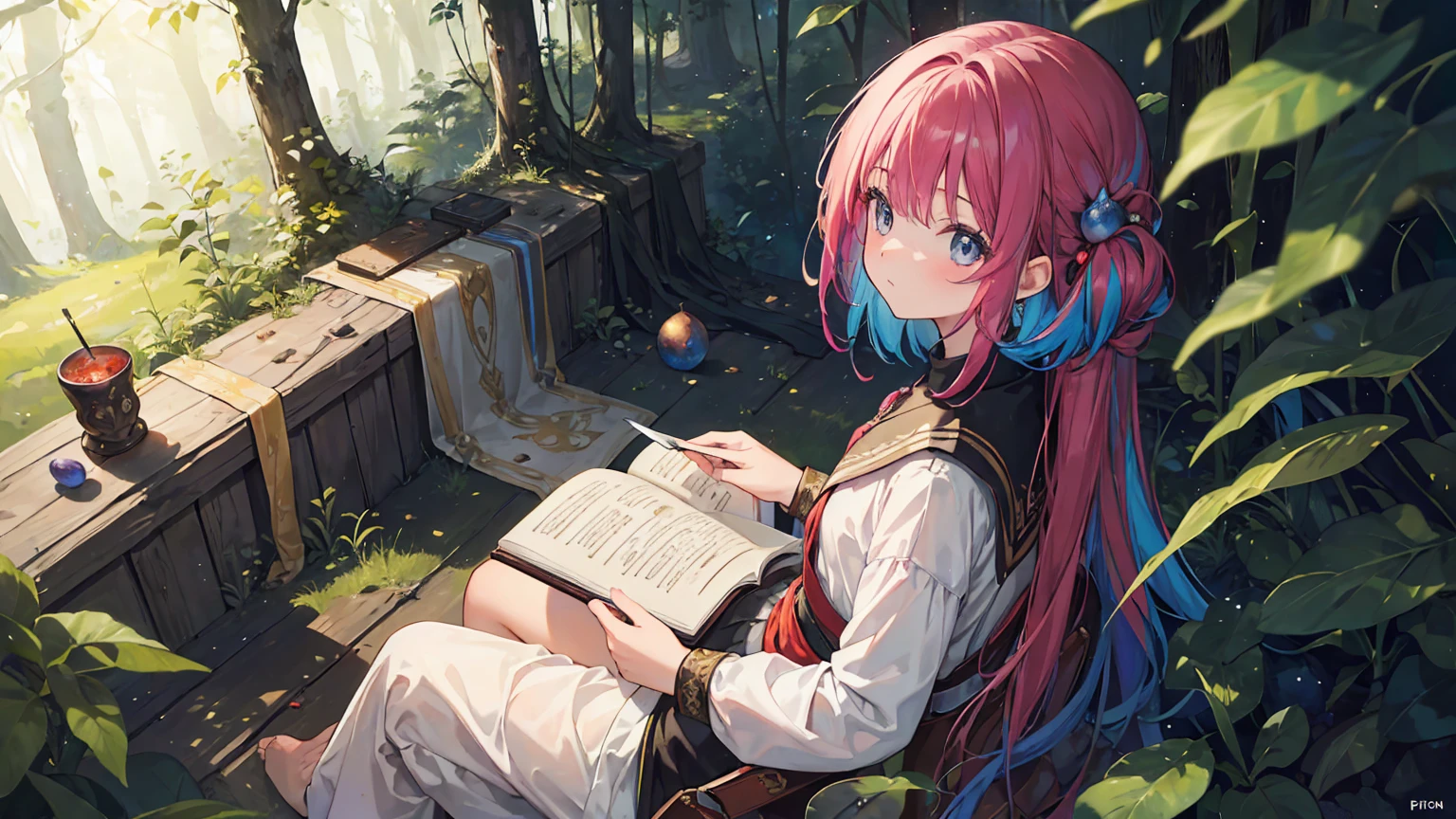 (masterpiece, best quality), (rich and colorful:1.4), from above, Solitary, 1Girl sitting in an ancient forest,Where the trees whisper secrets,Animals speak human language, With a bag of magical forest fruits and a forgotten book of spells, Depth of Field, Fisheye lens