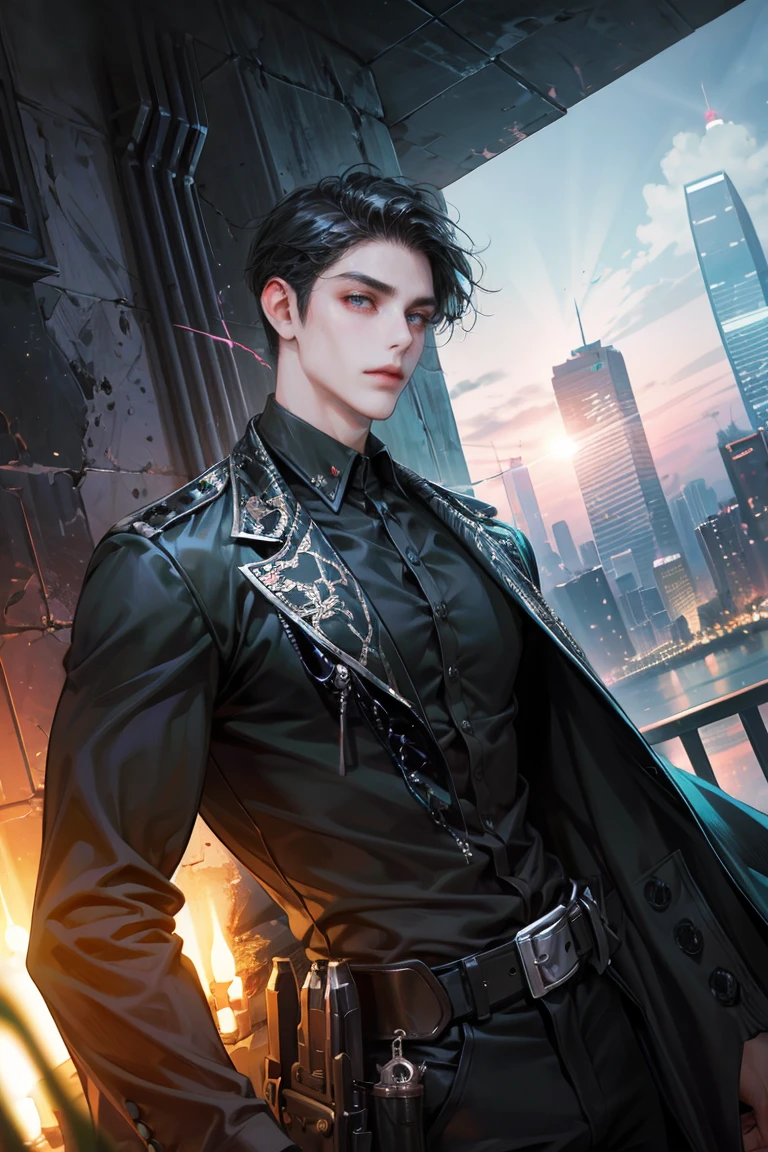 (absurdres, highres, ultra detailed, original character, HDR), 1 british boy, solo, adult, handsome, ((tall muscular guy, broad shoulders)), finely detailed eyes, (black hair), hair between eyes, turquoise eyes, holographic, futuristic, casual outfit, black coat, gun holster, (body tight white shirt), big muscle chest, ((wearing a black earring)), cowboy shot, dutch angle, face focused, tower walled city scenery, dystopian hong kong city, skyscrapers, Cyan, Magenta, long face, closed mouth, looking at viewer, depth of field, bokeh