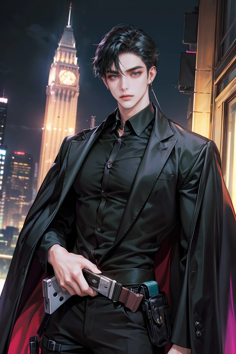 (absurdres, highres, ultra detailed, original character, HDR), 1 british boy, solo, adult, handsome, ((tall muscular guy, broad shoulders)), finely detailed eyes, (black hair), hair between eyes, turquoise eyes, holographic, futuristic, casual outfit, black coat, gun holster, (body tight white shirt), big muscle chest, ((wearing a black earring)), cowboy shot, dutch angle, face focused, tower walled city scenery, dystopian hong kong city, skyscrapers, Cyan, Magenta, long face, closed mouth, looking at viewer, depth of field, bokeh