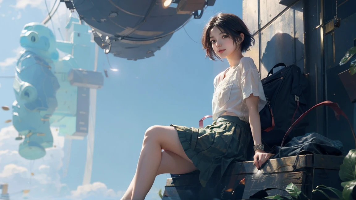 cute young short hair girl chilling around the city, the sky are blue and very happy joyful day, she is wearing a modern shirt with cute flower skirt