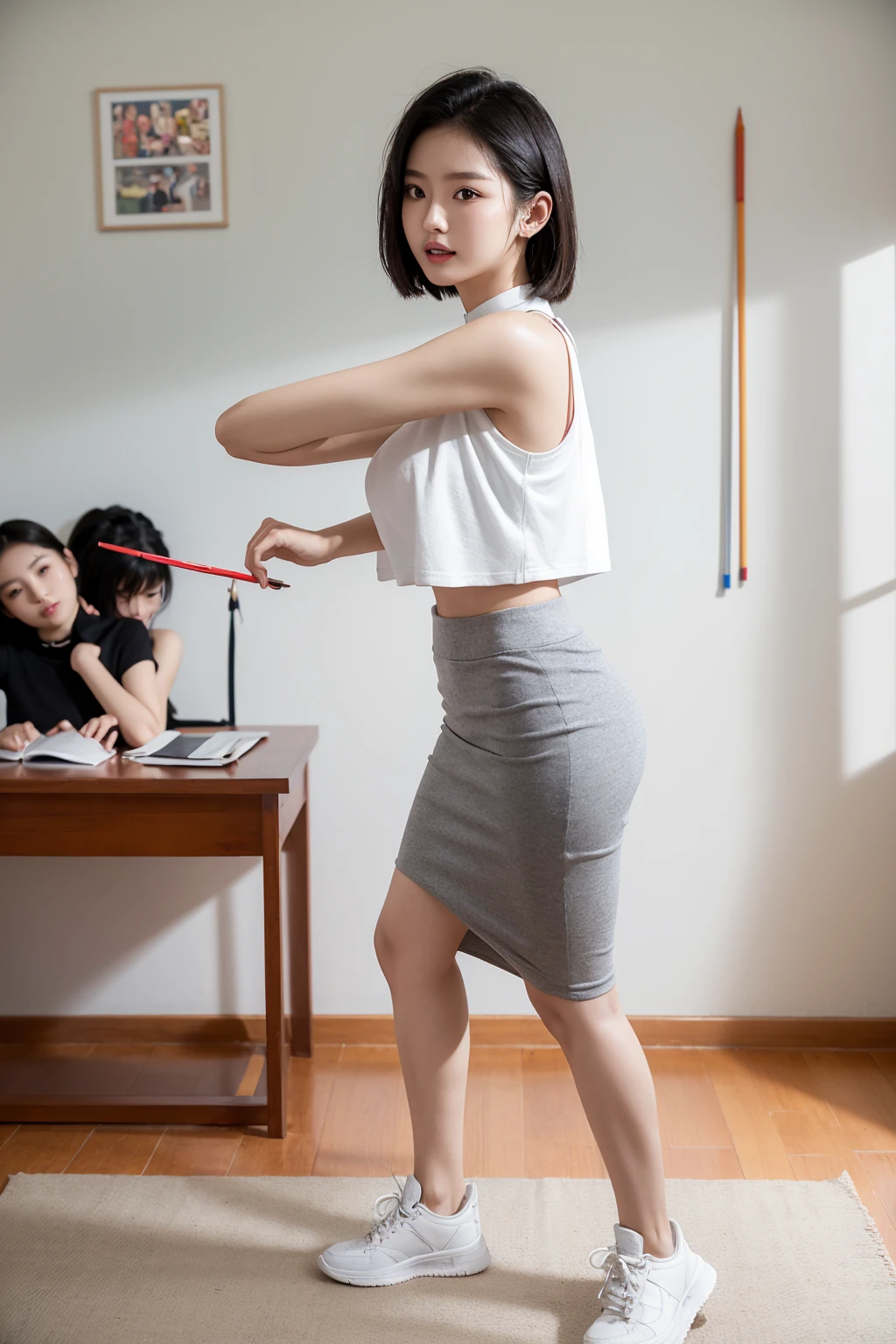 wearing indonesian high , underboob school gang potrait medium shoot foto, A young tall sexy body korea female , wearing small crop collar shirt and pencil grey skirt, indonesian high with sneakers, indoor background clasroom. and 3girls crew,medium shoot photo,huge breast, white skin. hug each other,big breast, white skin.perfect white teeth.