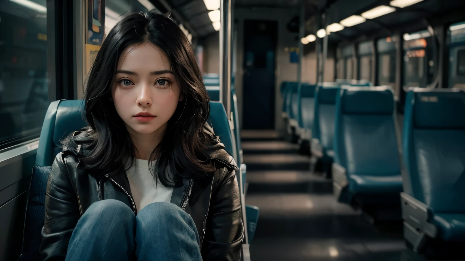 arafed woman sitting on a train looking at the camera, still from alita, by irakli nadar, promotional still, sitting sad in spaceship, beautiful  girl, movie still 8 k, she has a distant expression, brandon woelfel, alita, lone girl waiting for the train, fanart, black haired girl wearing hoodie, 8 k movie still