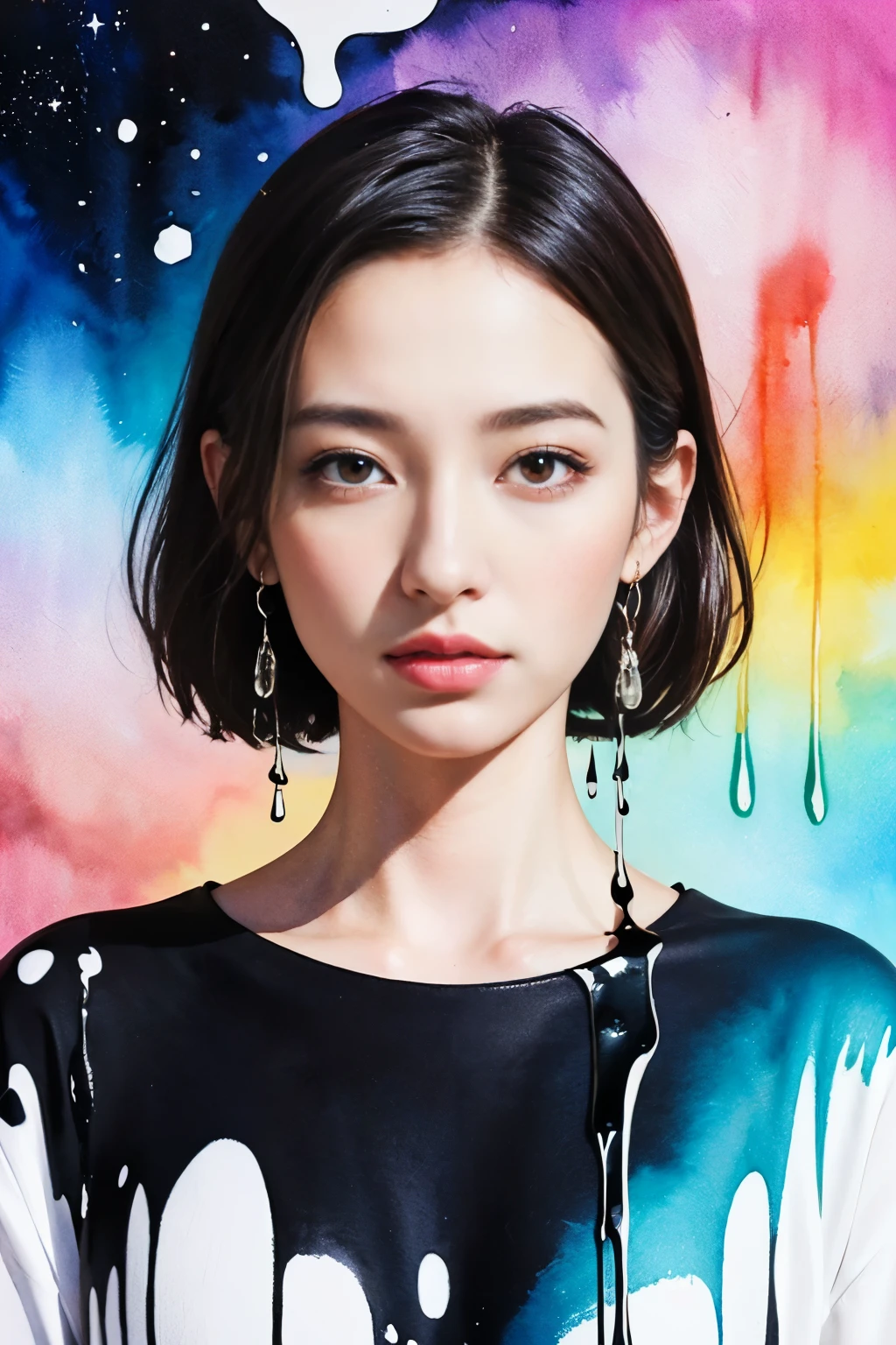 ((masterpiece:1.4, Highest quality)), (Photorealism), (watercolor background), (Artwork), ((1 Girl)), (Bright design), (Space and galaxy pastel colors), (Ink splashes and drips:1.5), (Fusion with the world of Kandinsky:0.5), (looking at viewer)