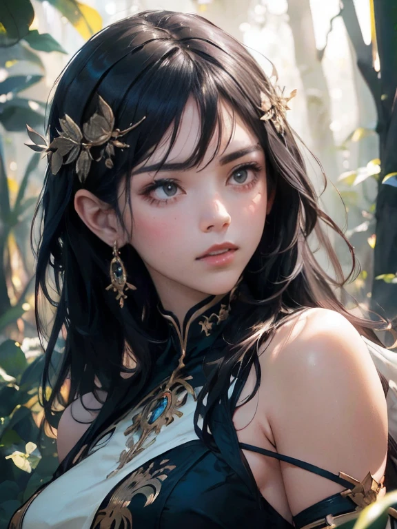 beautiful long black hair girl, detailed face, delicate facial features, beautiful detailed eyes, beautiful detailed lips, extremely detailed eyes and face, long eyelashes, elegant pose, intricate detailed dress, intricate jewelry, fantasy forest background, warm lighting, golden hour lighting, cinematic lighting, vibrant colors, highly detailed, 8k, photorealistic, hyper-realistic, studio lighting, masterpiece, art by artgerm and greg rutkowski and alphonse mucha