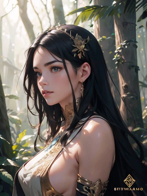 beautiful long black hair girl, detailed face, delicate facial features, beautiful detailed eyes, beautiful detailed lips, extremely detailed eyes and face, long eyelashes, elegant pose, intricate detailed dress, intricate jewelry, fantasy forest background, warm lighting, golden hour lighting, cinematic lighting, vibrant colors, highly detailed, 8k, photorealistic, hyper-realistic, studio lighting, masterpiece, art by artgerm and greg rutkowski and alphonse mucha