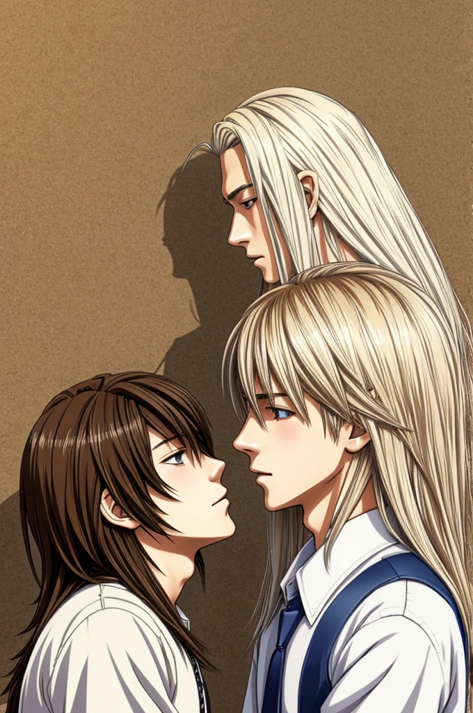 anime drawing. teenage male of medium height with long white hair kissing another teenage male of tall height with brown hair